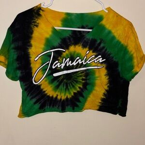 Jamaica Tie-Dye Crop Top - Green, Yellow, Black, Cuffed Sleeves